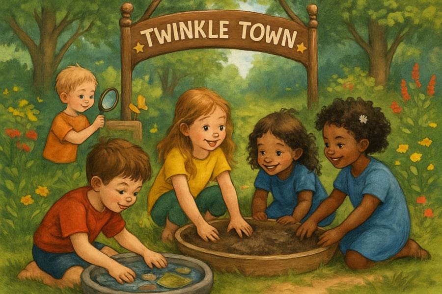 Children engaging in nature-based and sensory play at Twinkle Town